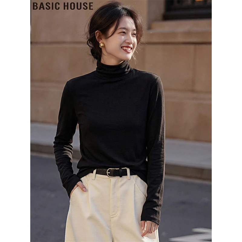 Basic House/百家好黑色半高领长袖T恤简约内搭打底衫女2025冬季
