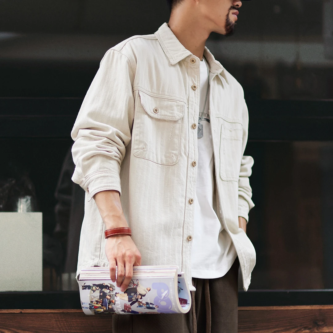 人字纹肌理感长袖工装衬衫男美式纯棉休闲衬衣硬汉痞帅男装上衣潮