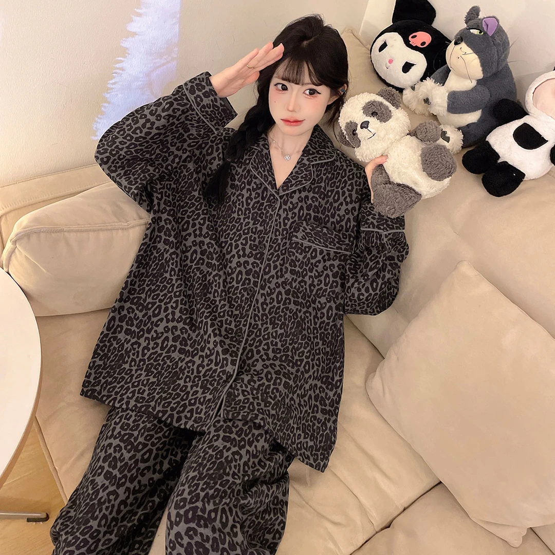 高级感豹纹睡衣女款宽松大码秋冬季中国风德绒长袖保暖家居服套装