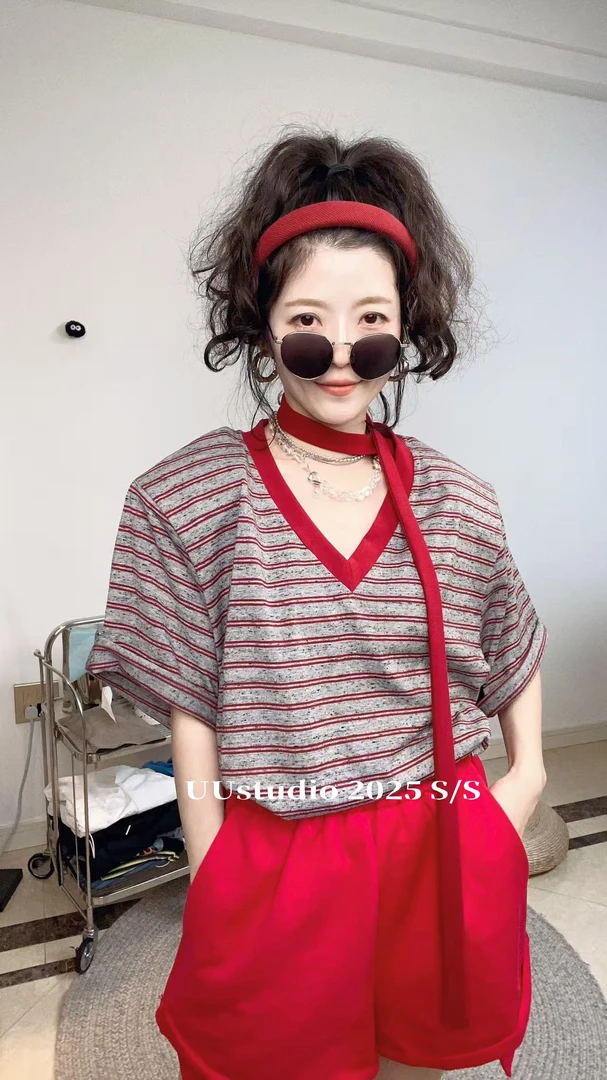 短袖宽松型小香风T恤夏季印花百搭家居服针织撞色宽松条纹红色