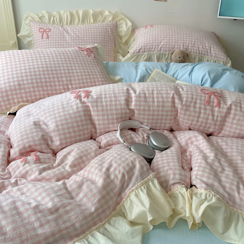 Heart Island【蜜桃粉格】ins少女心蝴蝶结花边超柔水洗棉四件套