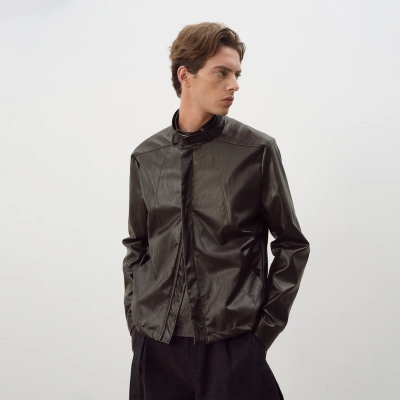 NOT UGLY 25AW 银环金属丝立领分割立体红褐色皮衣vintage夹克