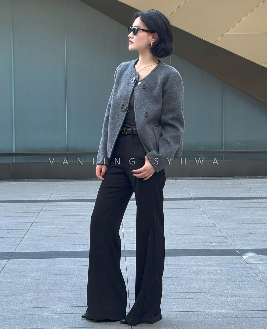 VanJing Syhwa 100%全羊毛深灰色高腰短款休闲时尚女士开衫外套