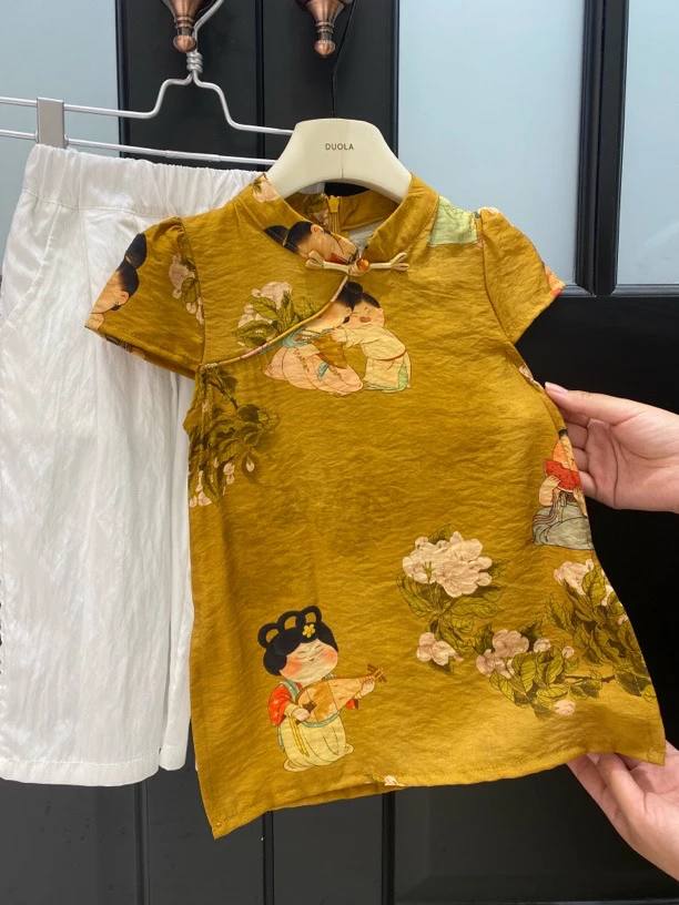FL  211碎花旗袍休闲气质国风女童黄色中式夏款印花