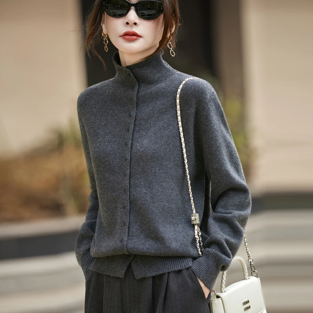 秋冬羊毛衫女开衫外套半高领纯色百搭宽松内搭薄款绵羊毛女针织衫