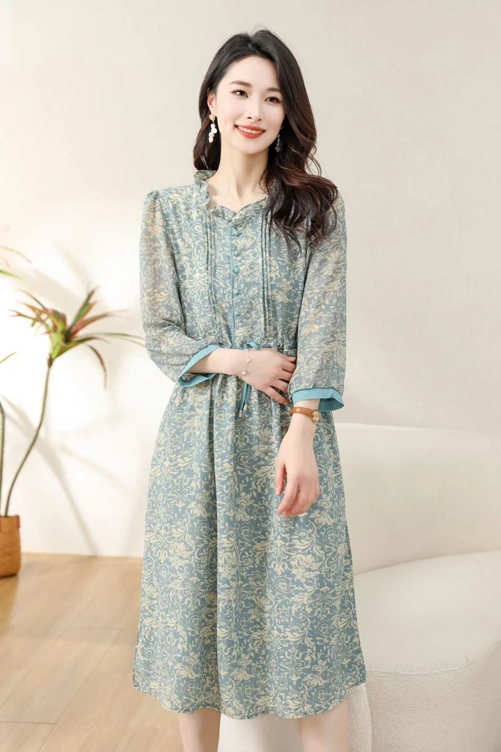 青花瓷气质修身夏季印花连衣裙女装大码连衣裙宽松连衣裙蕾丝