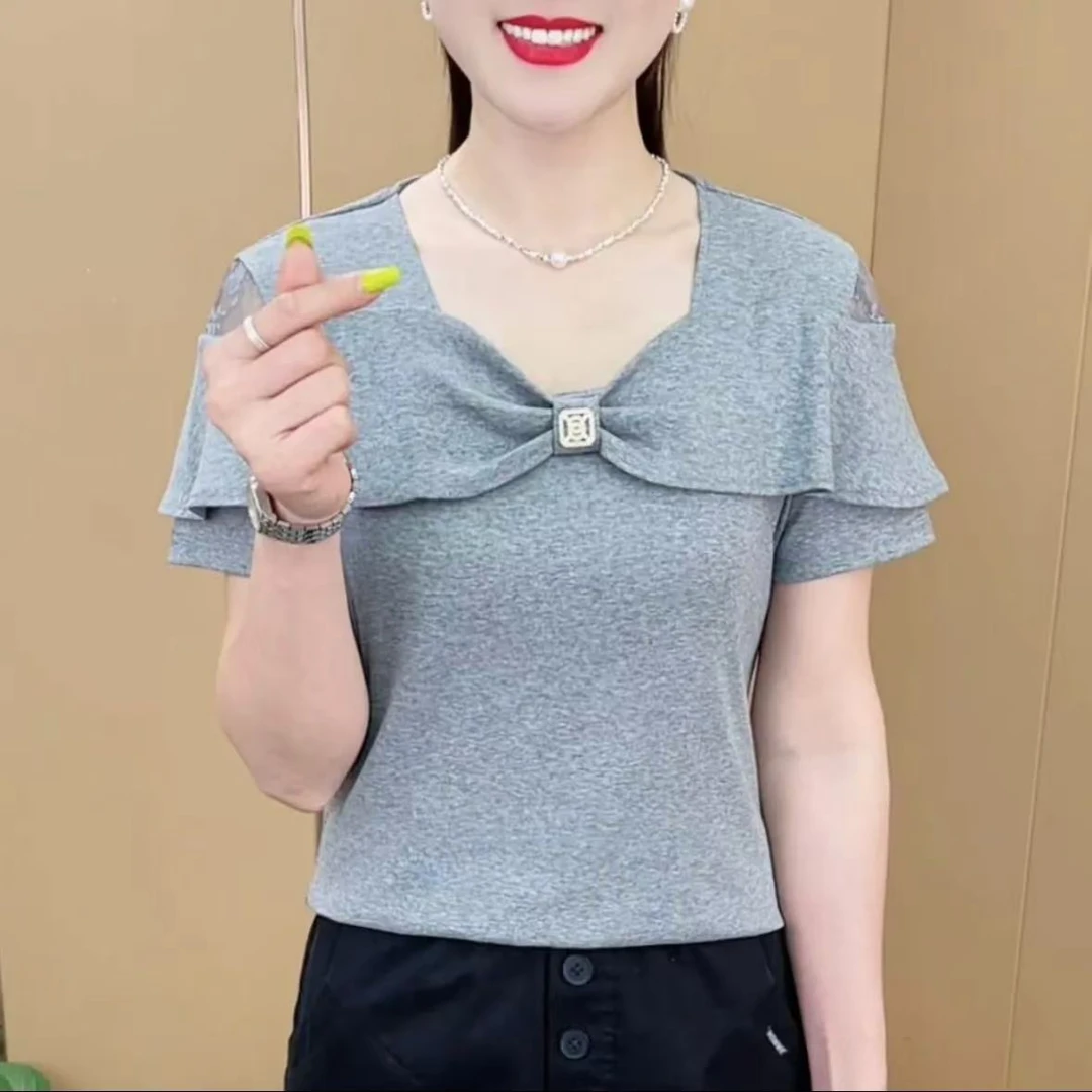 夏季新款时尚蝴蝶结蕾丝露肩设计T恤休闲百搭气质短袖上衣    101