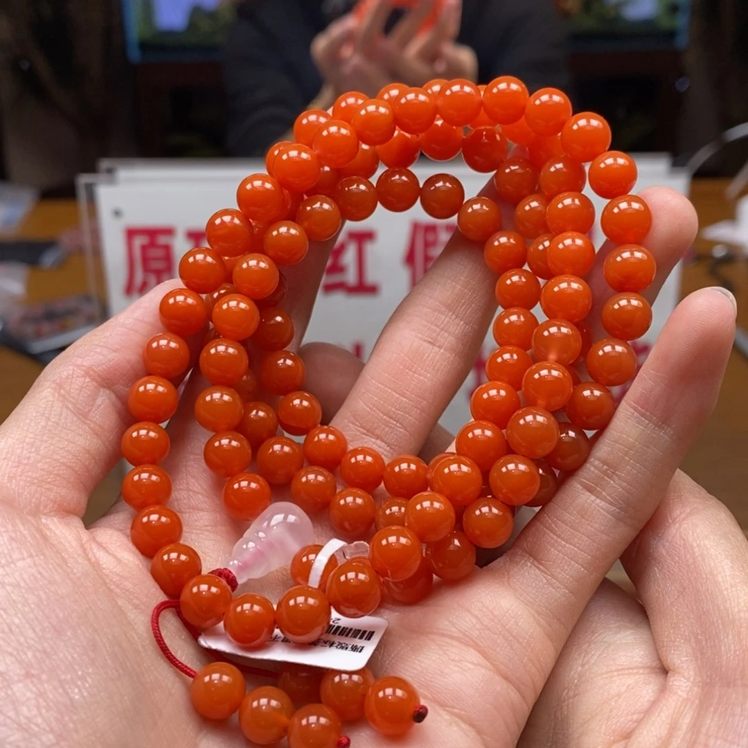 南红玛瑙串未镶嵌7.8mm三眼井108一颗微瑕