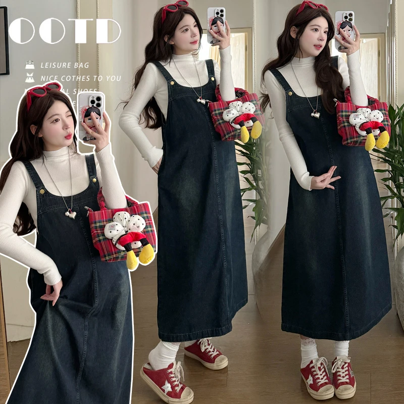 【苏遇婉】2025秋冬洋气孕妇装打底衫渐变色牛仔背带裙显瘦两件套装