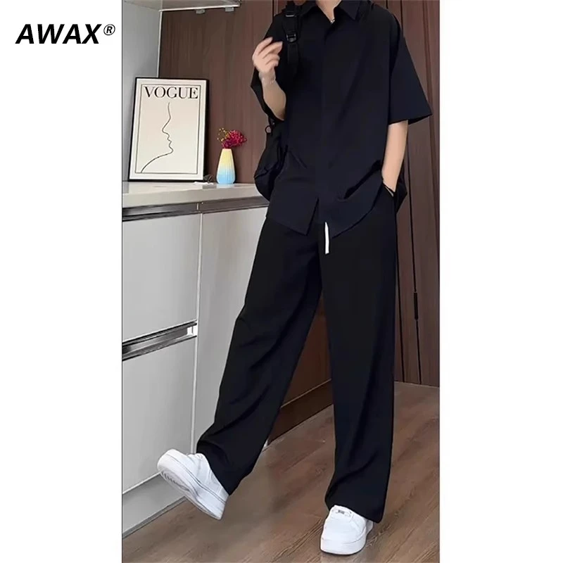 黑色冰丝速干裤男士夏季薄款痞帅垂感衬衫一套搭配痞帅气两件套装