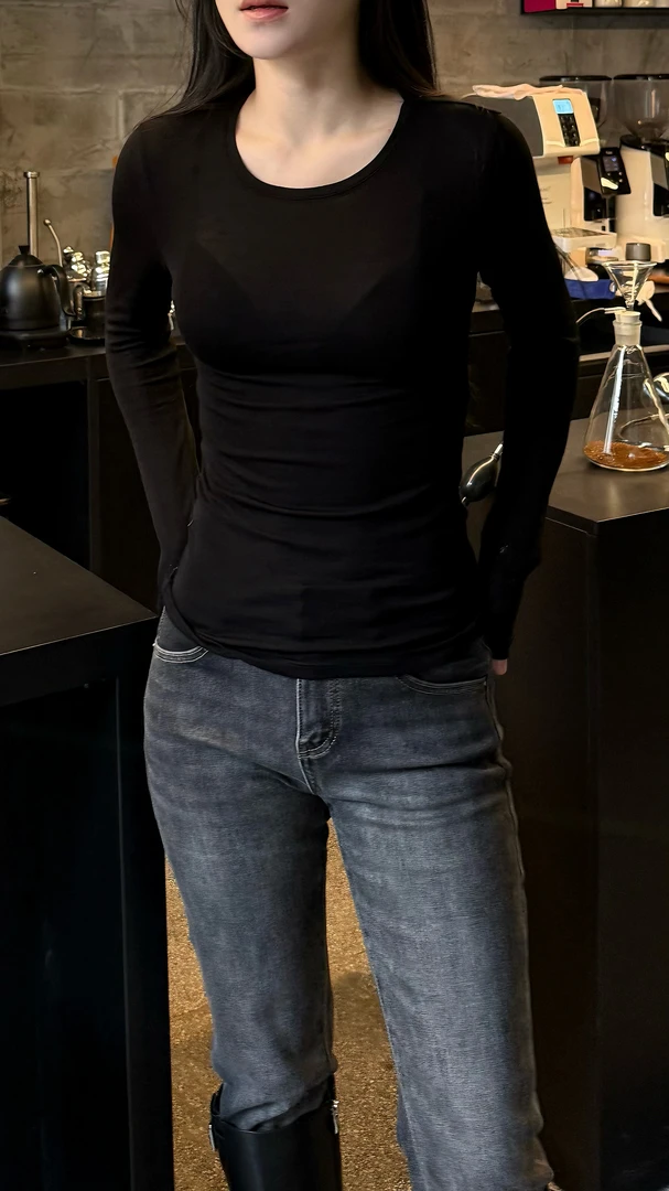 叮叮｜透感大圆领长袖T恤1386