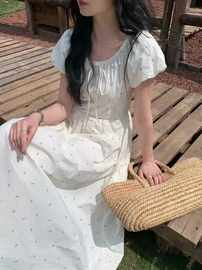 夏季新韩版时尚圆领碎花短袖连衣裙女显瘦百搭A字裙长裙