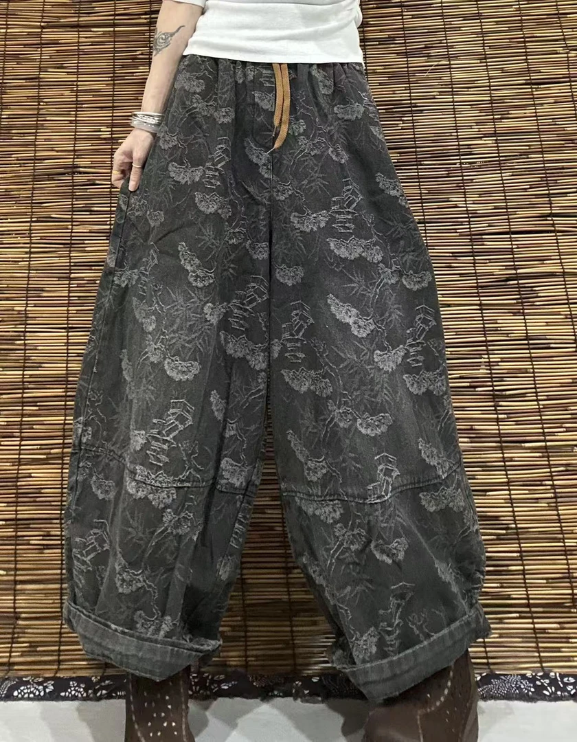 2539提花银杏叶横线抽绳阔腿裤（裤长88 臀围140）