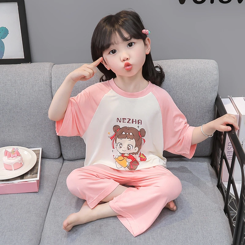 儿童夏季莫代尔薄款睡衣短袖女童中小童家居服哪吒女宝宝空调服
