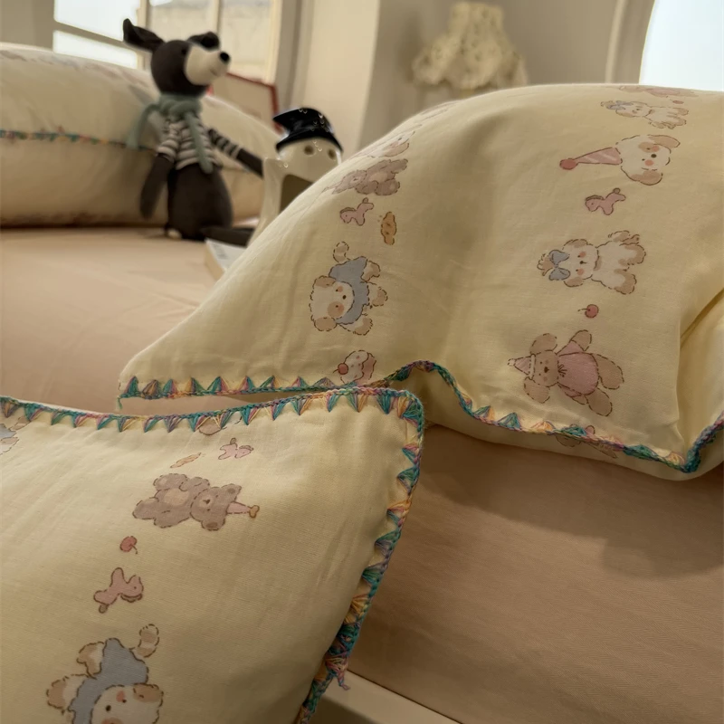 易安阁彩边双层纱软糯可爱猫狗纯棉全棉少女心四件套1.5m1.8米