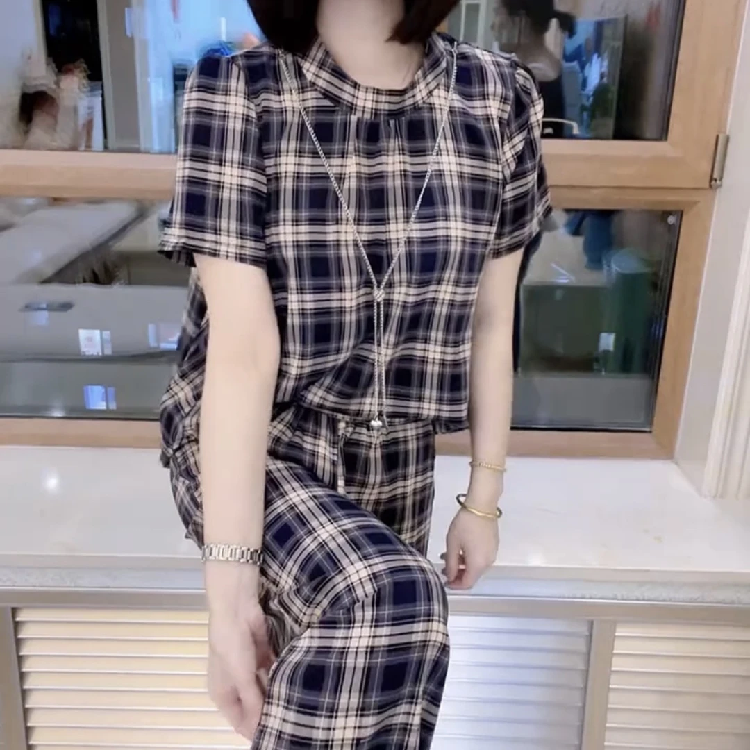 夏季新款时尚遮肚显半拉链瘦阔腿裤上衣女性套装