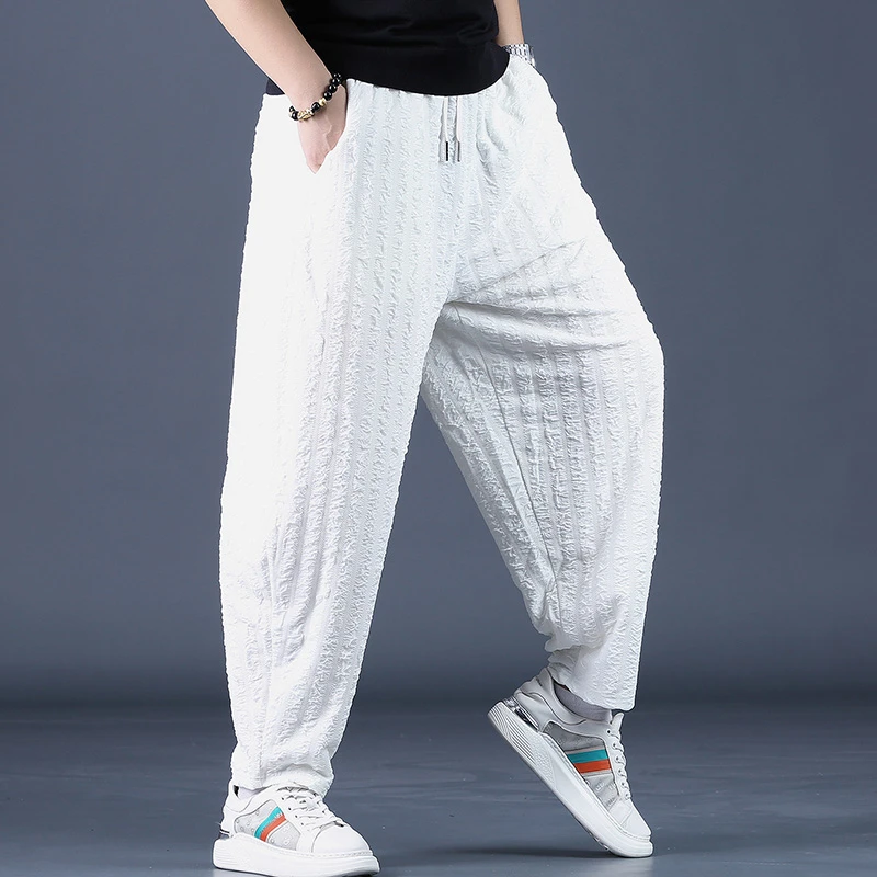 高端潮牌宽松大码灯笼裤男士秋季时尚条纹白色潮流垂感休闲哈伦裤