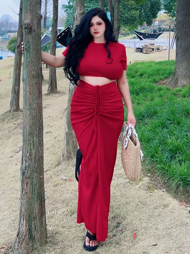 LY大码【朵朵专属】夏季性感度假风紧身抽褶裙压褶露腰长裙套装