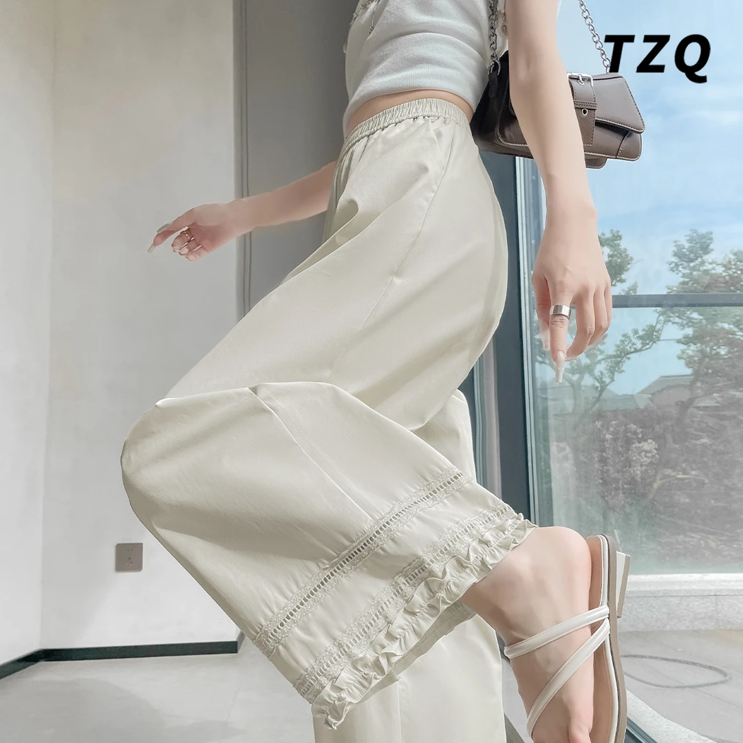 2025小个子蕾丝木耳花边棉麻阔腿裤女厚款九分休闲裤秋TZQ2563022