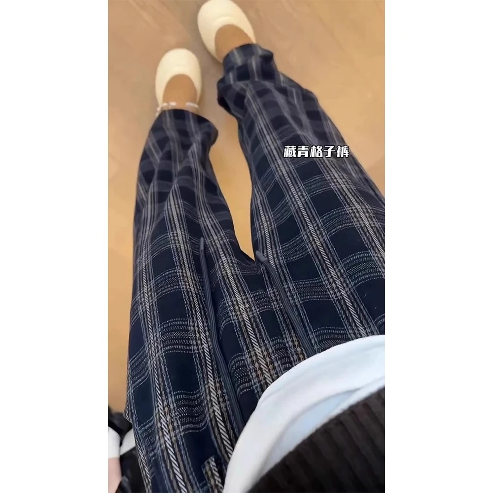 大码胖mm百搭加厚格子休闲裤女秋冬慵懒松弛感抽绳遮胯弯刀香蕉裤
