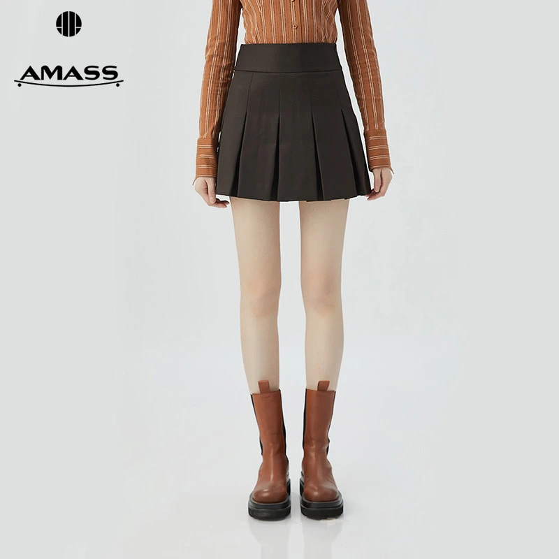 阿玛施AMASS新款女装气质显瘦减龄学院风中高腰百褶短裙5200471
