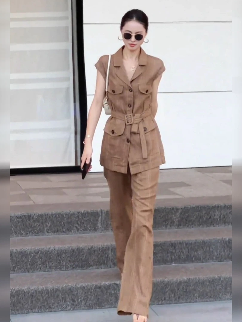 高端大气时尚感咖色无袖衬衫阔腿裤套装2025职业女强人职场通勤装