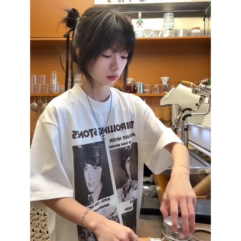 滚石乐队人像印花短袖男夏季cleanfit美式复古T恤潮牌宽松半截袖