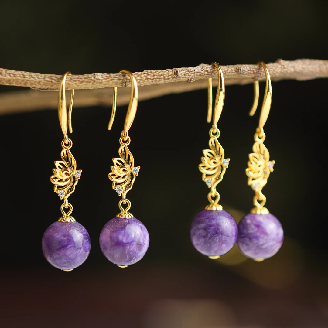 S925银镀金镶嵌紫龙晶圆珠莲花女款耳钉（多样性发货 发其一）