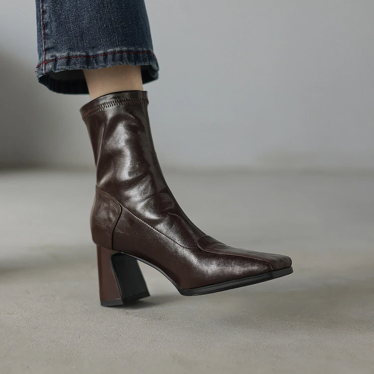 7cm~气质高跟弹力靴女2025秋冬新款方头粗跟一脚蹬百搭短靴瘦瘦靴