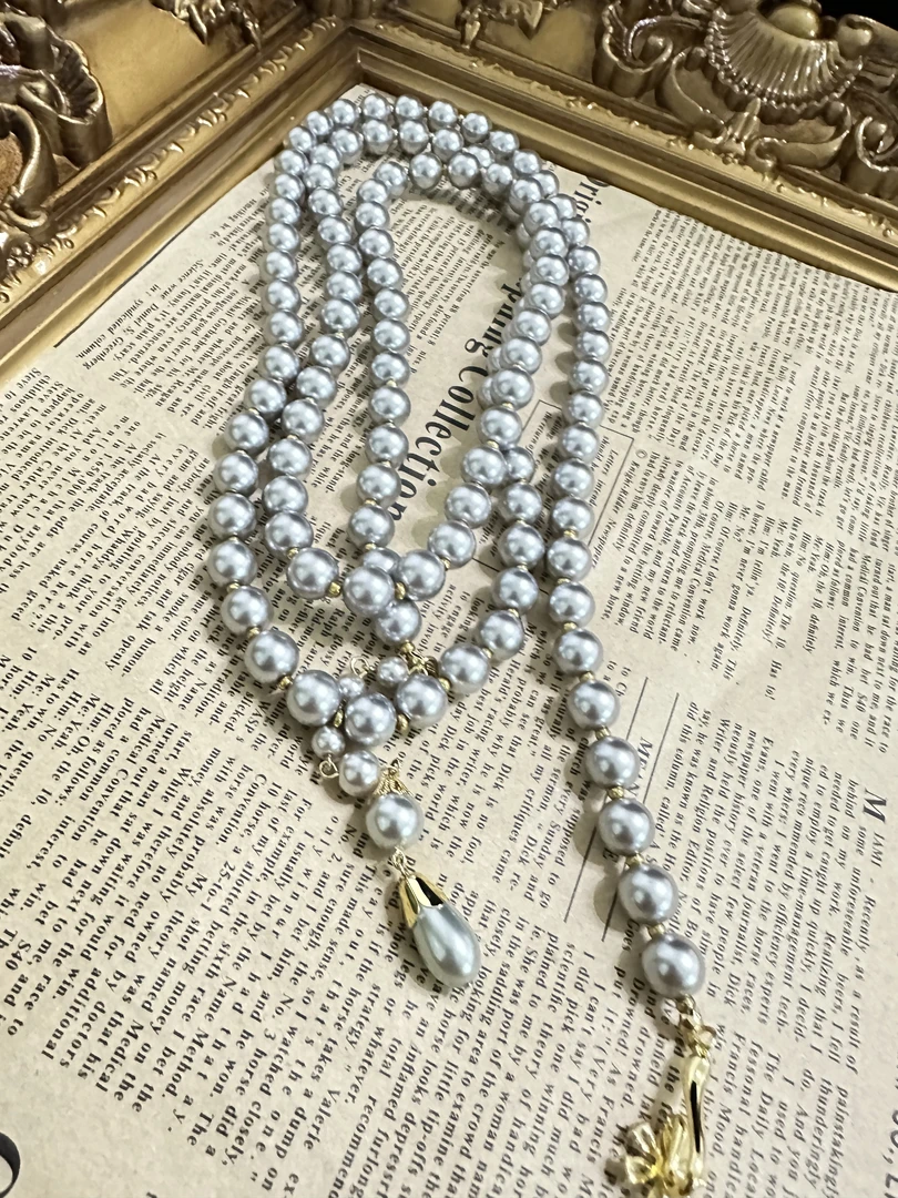 中古镀金仿珍珠蓝色多层毛衣链N9807