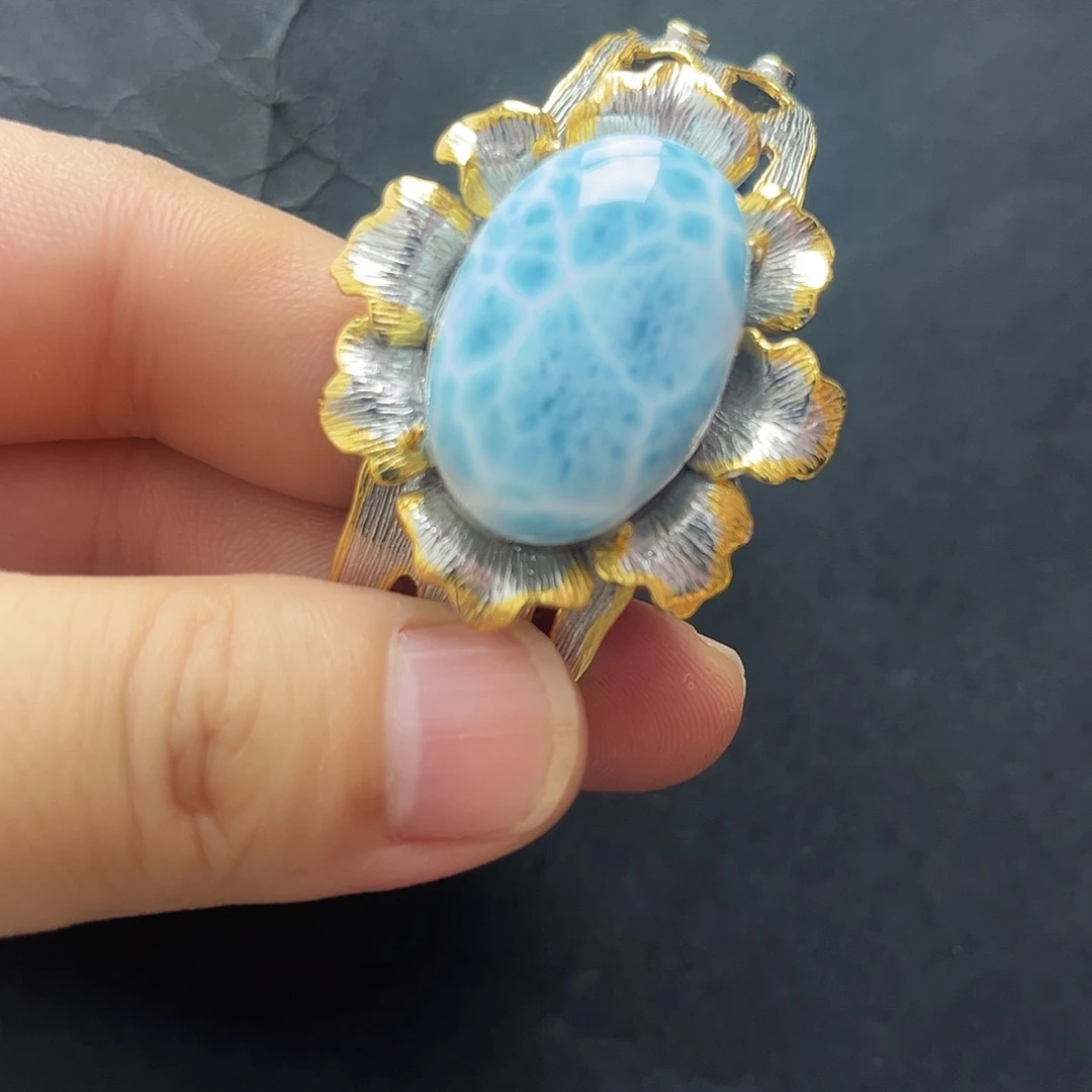 针钠钙石（海纹石）银S925镶嵌手镯海纹石手镯