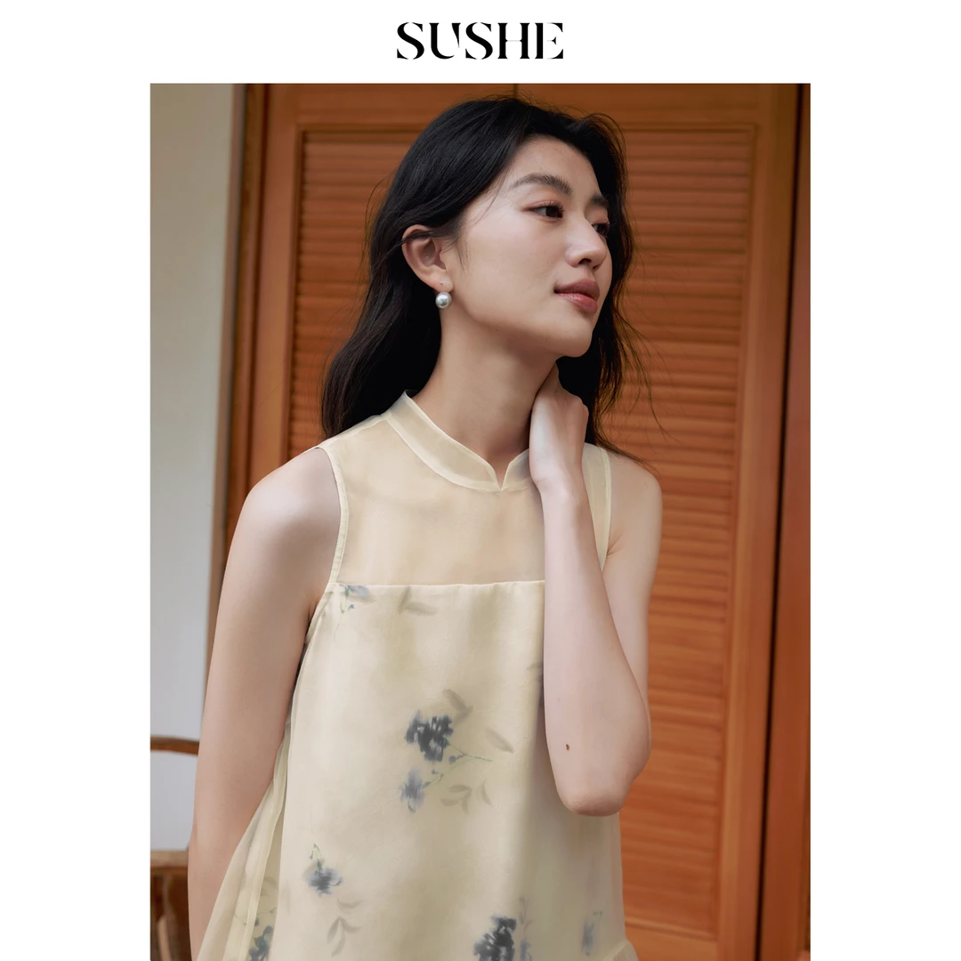 束皙SUSHE 绯云染 国风雅韵如意纱淡雅印花双层柔雾感无袖连衣裙