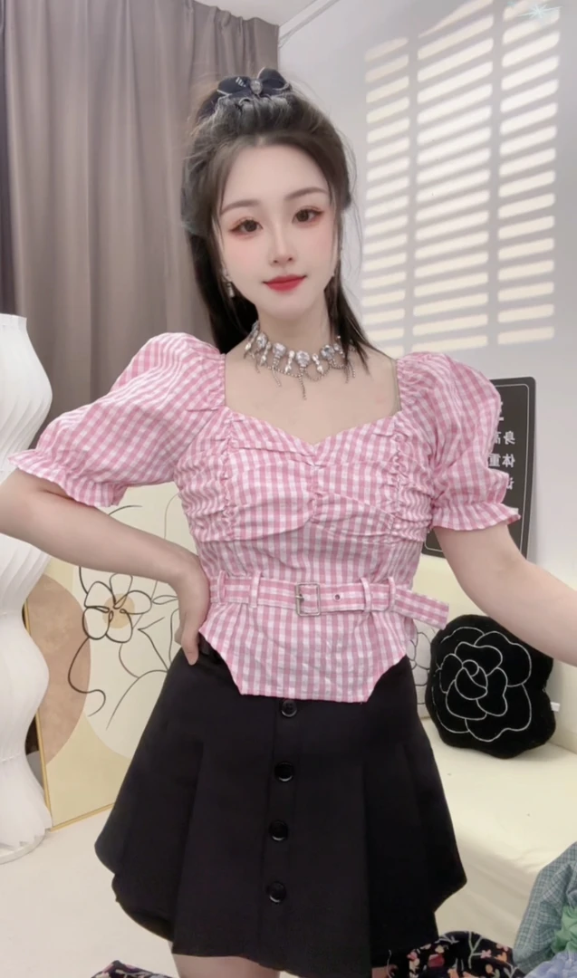 2025夏季新款韩版时尚百搭显瘦格纹收腰卡扣系带短袖衬衫女上衣