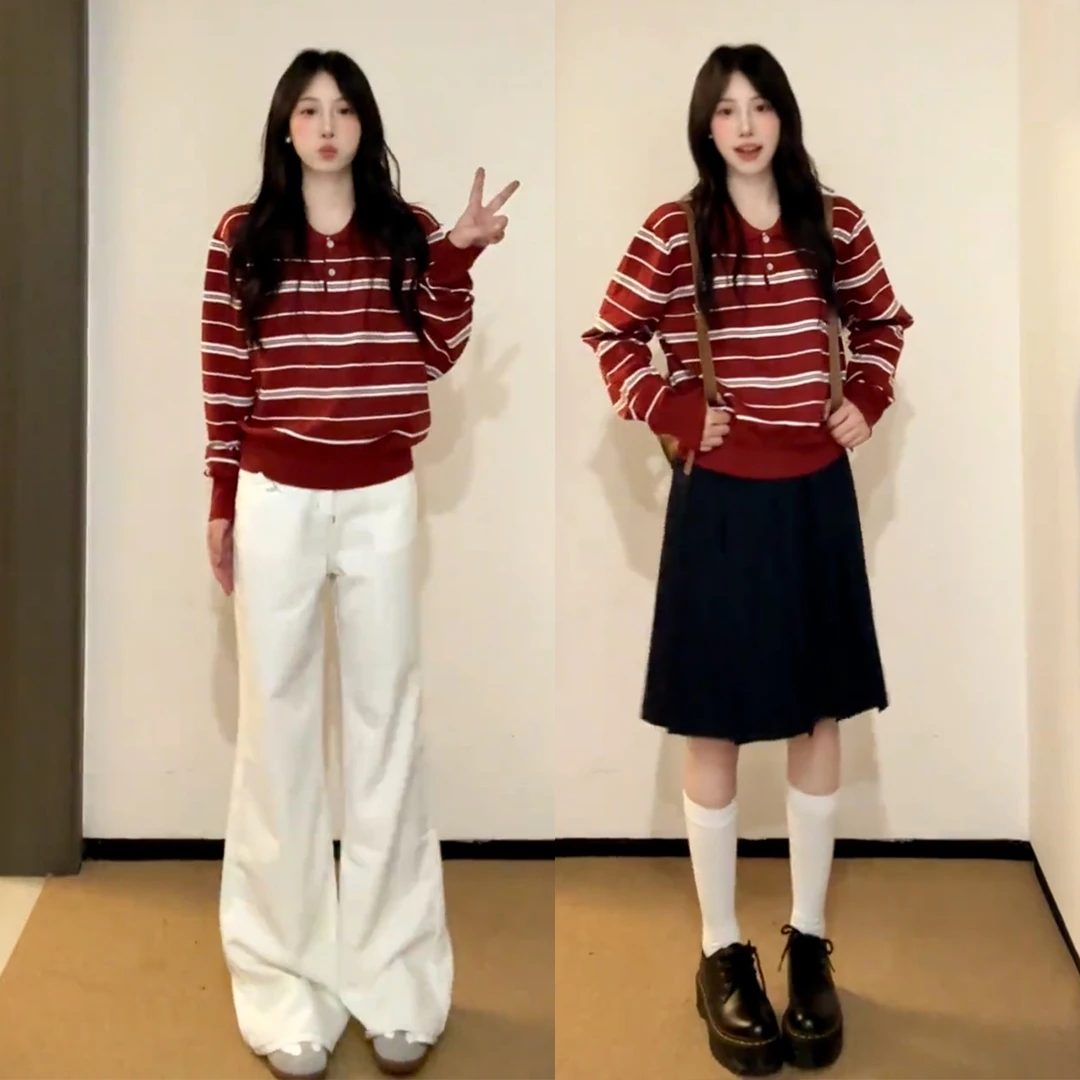 韩系红色条纹毛衣针织衫女早秋小个子长袖上衣2025新款慵懒风外套