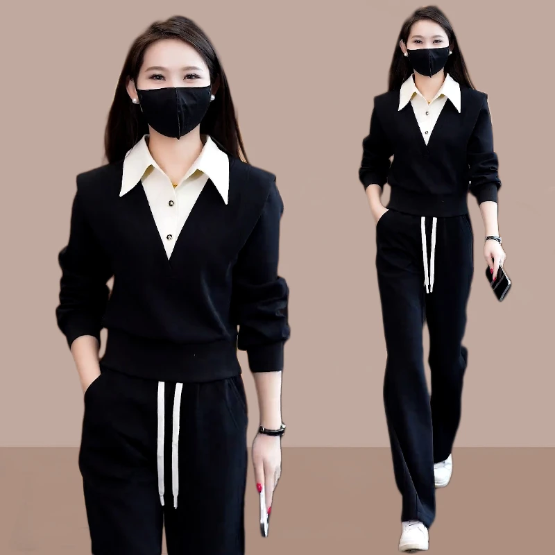 休闲运动服套装女2025春秋新款洋气假两件Polo领上衣阔腿裤两件套