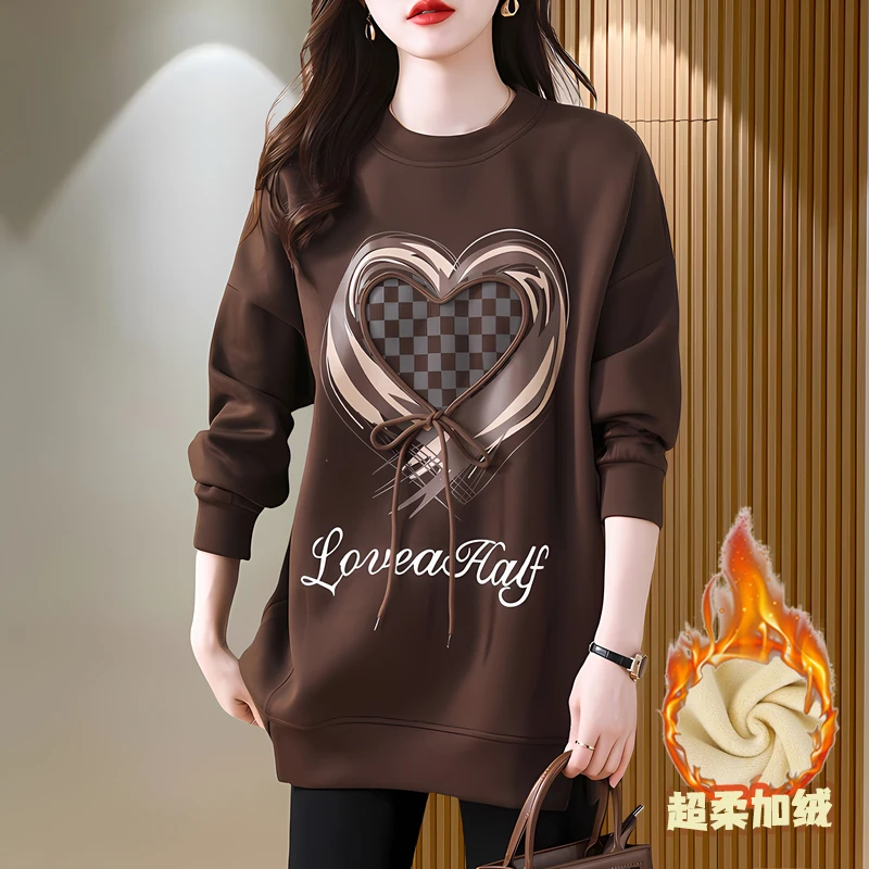 加绒加厚卫衣女2025冬季新款时尚爱心印花拼接设计感洋气百搭上衣