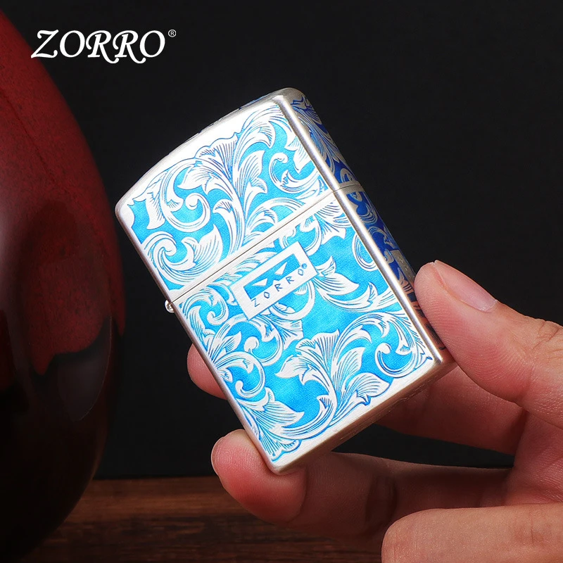ZORRO【银蓝唐草】纯铜佐罗二代标防风煤油打火机高档送男士礼品