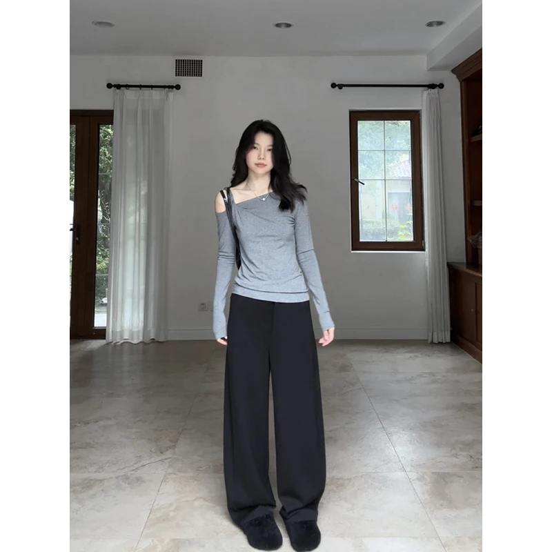 郭九九呢 气质斜肩修身显瘦长袖T恤简约百搭弯刀卫裤 G925Z15874