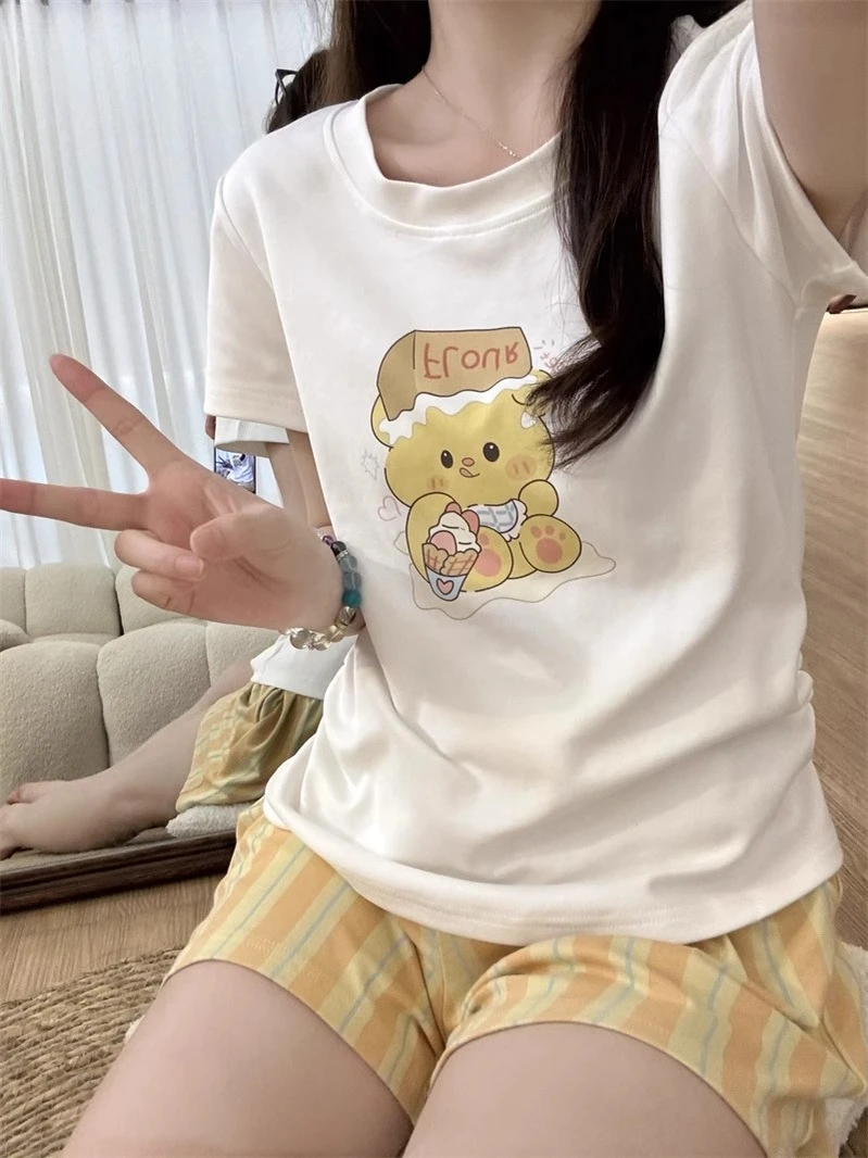 【DMXJ大梦想家】卡通可爱黄油小熊睡衣女款夏季新款短裤家居服套装