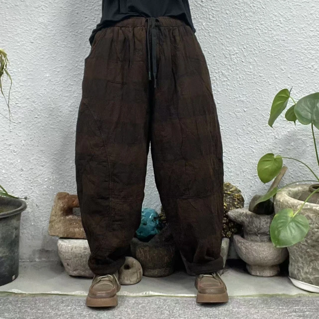 6610夹棉右腿弧线格纹色织麻菱形压炒色休闲裤（长93臀围142脚口42