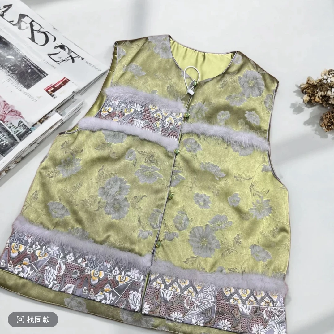 【深圳南油二姐】秋季新款中国风气质圆领刺绣毛边马甲72227