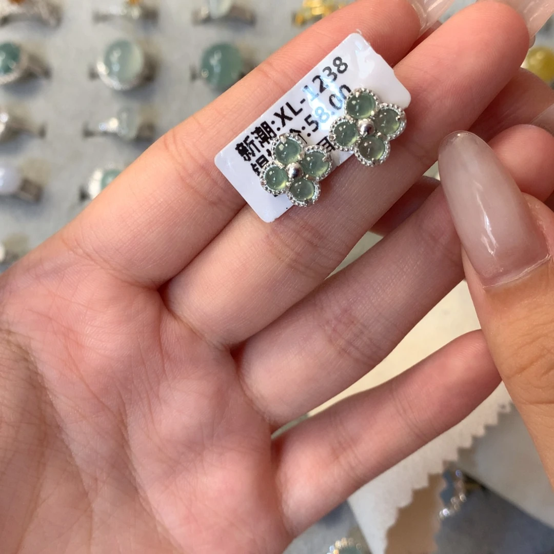 翡翠银S925镶嵌戒指耳钉