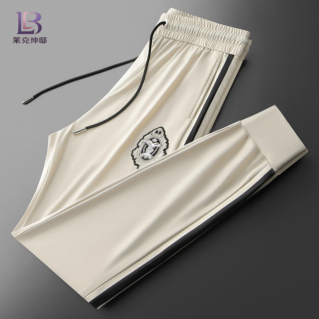 夏季轻奢时尚潮流冰丝抗皱速干撞色织带男士修身运动卫裤休闲裤