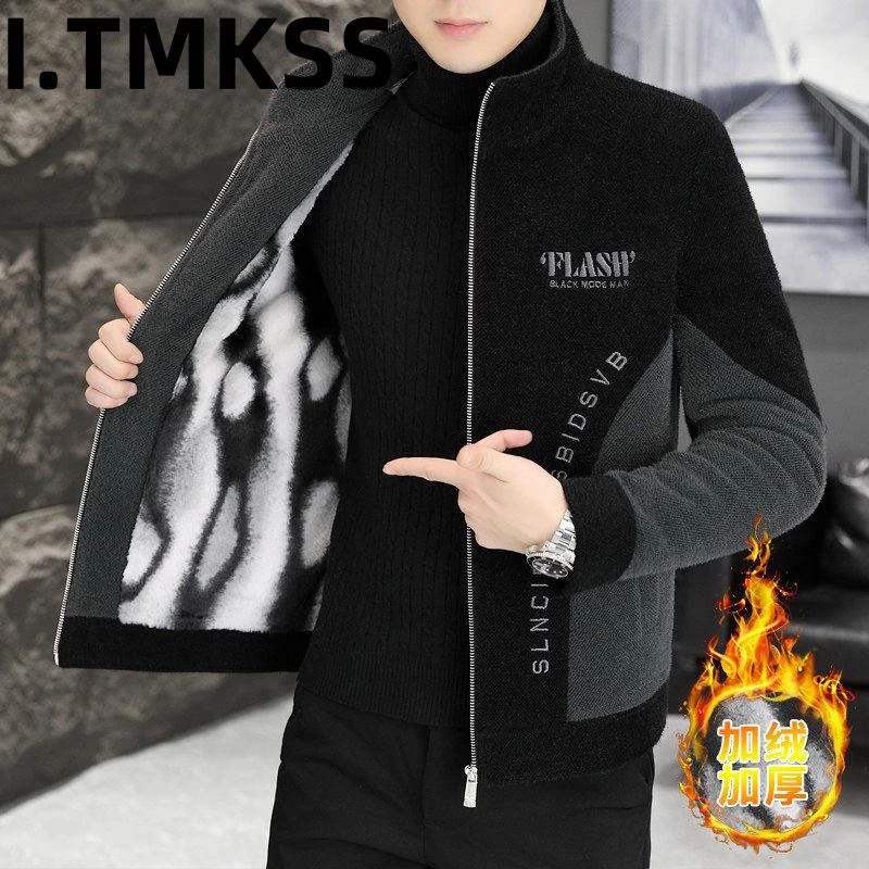 加绒加厚呢子夹克男秋冬季新款保暖一体绒毛呢大衣冬装羊羔绒外套