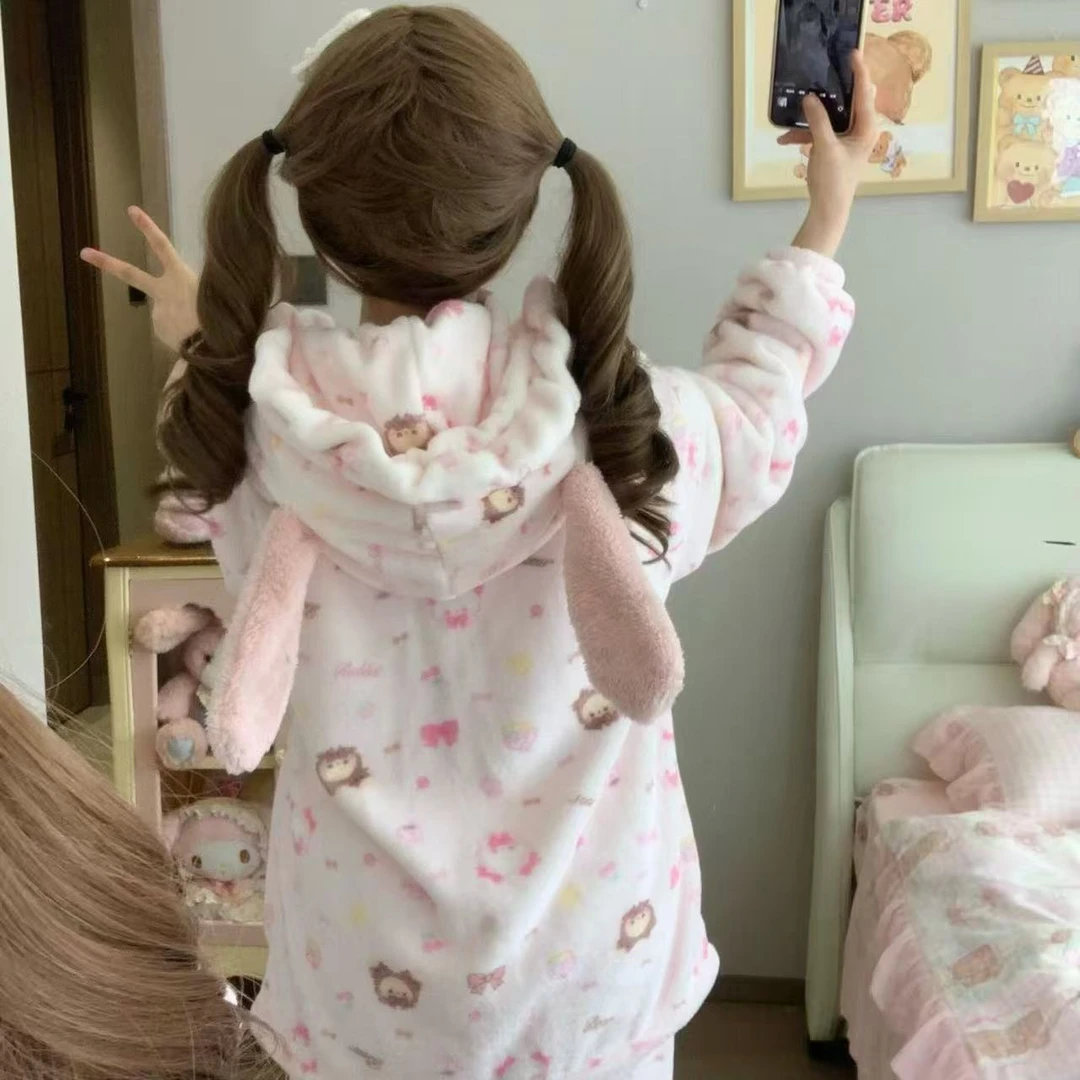 兔熊带帽拉链外套冬款法兰绒长袖长裤睡衣家居服套装