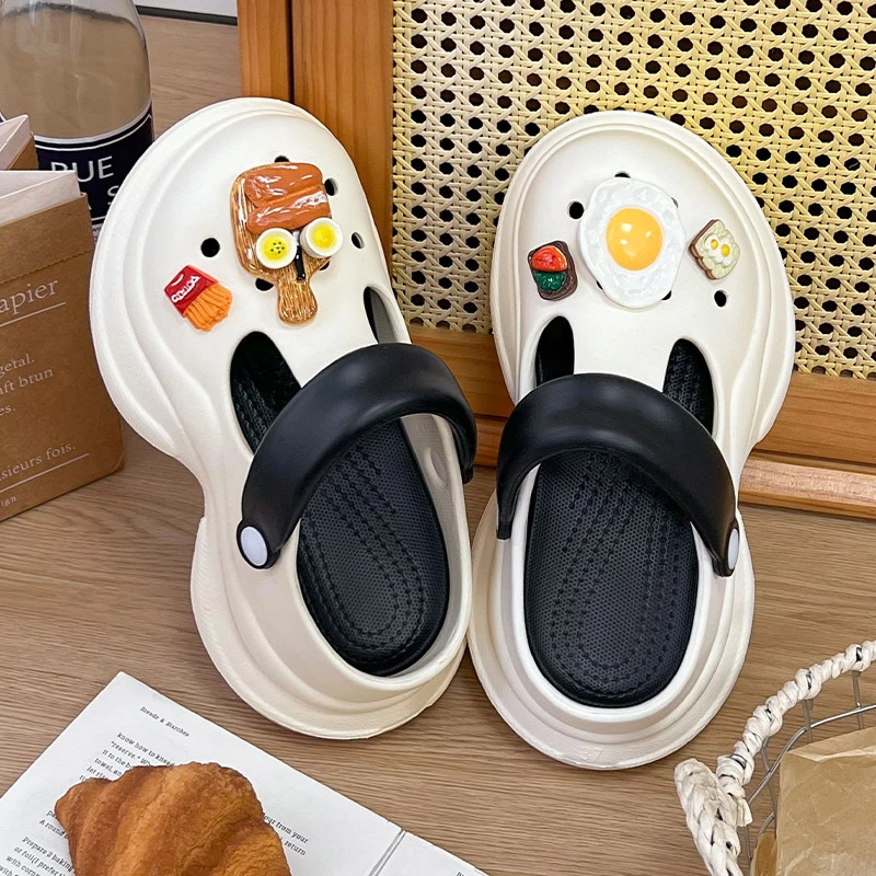 卡通夏季美味早餐户外时尚两穿防滑沙滩凉鞋增高厚底包头洞洞鞋女