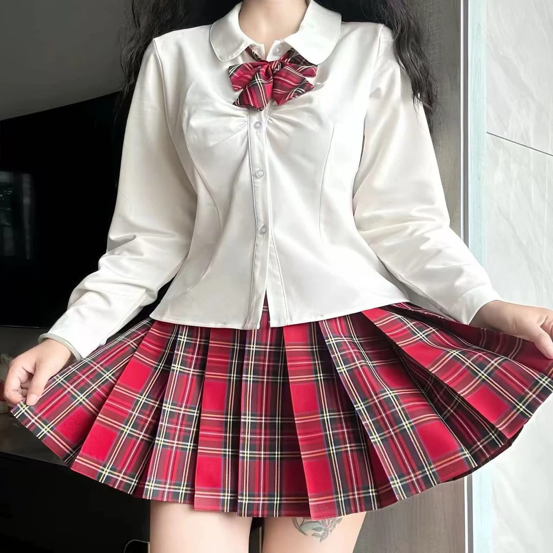 原创小辣椒短袖格裙制服红色风格百褶裙可爱学生半身裙学院风