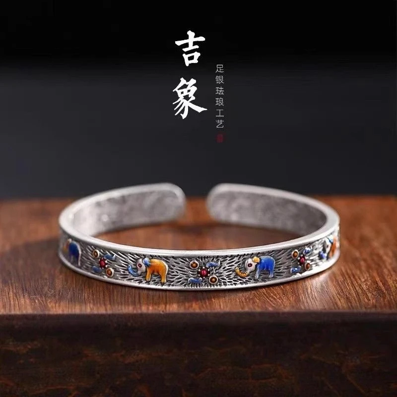 足银手镯 S999足银珐琅吉祥小象浮雕开口手环女内圈花纹银手镯