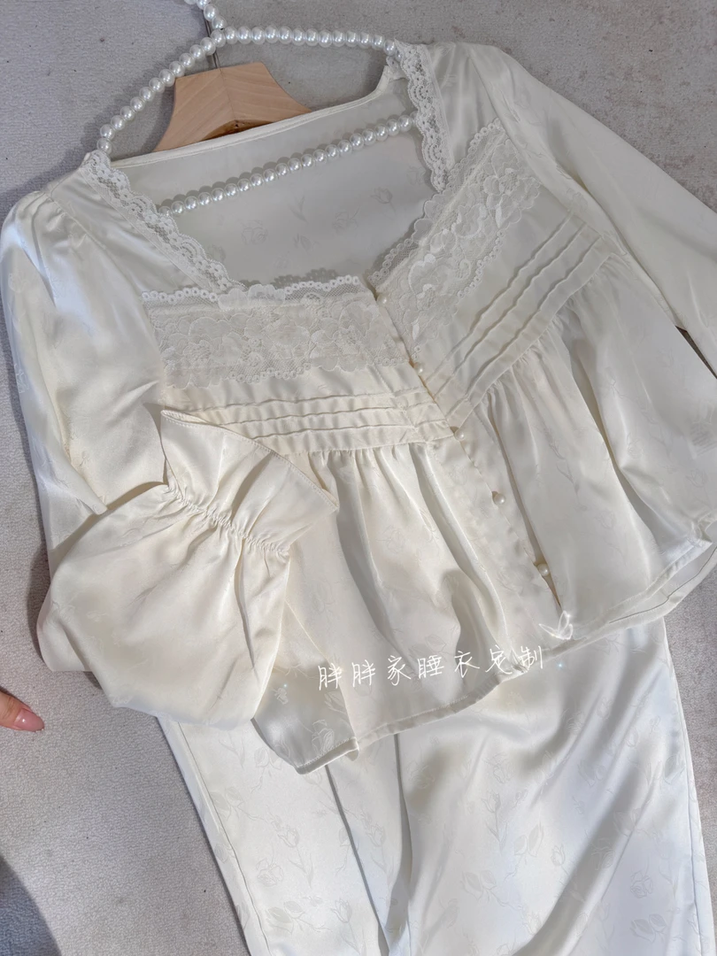 【琉璃】法式睡衣女春秋款甜美长袖方领高级感纯色家居服套装