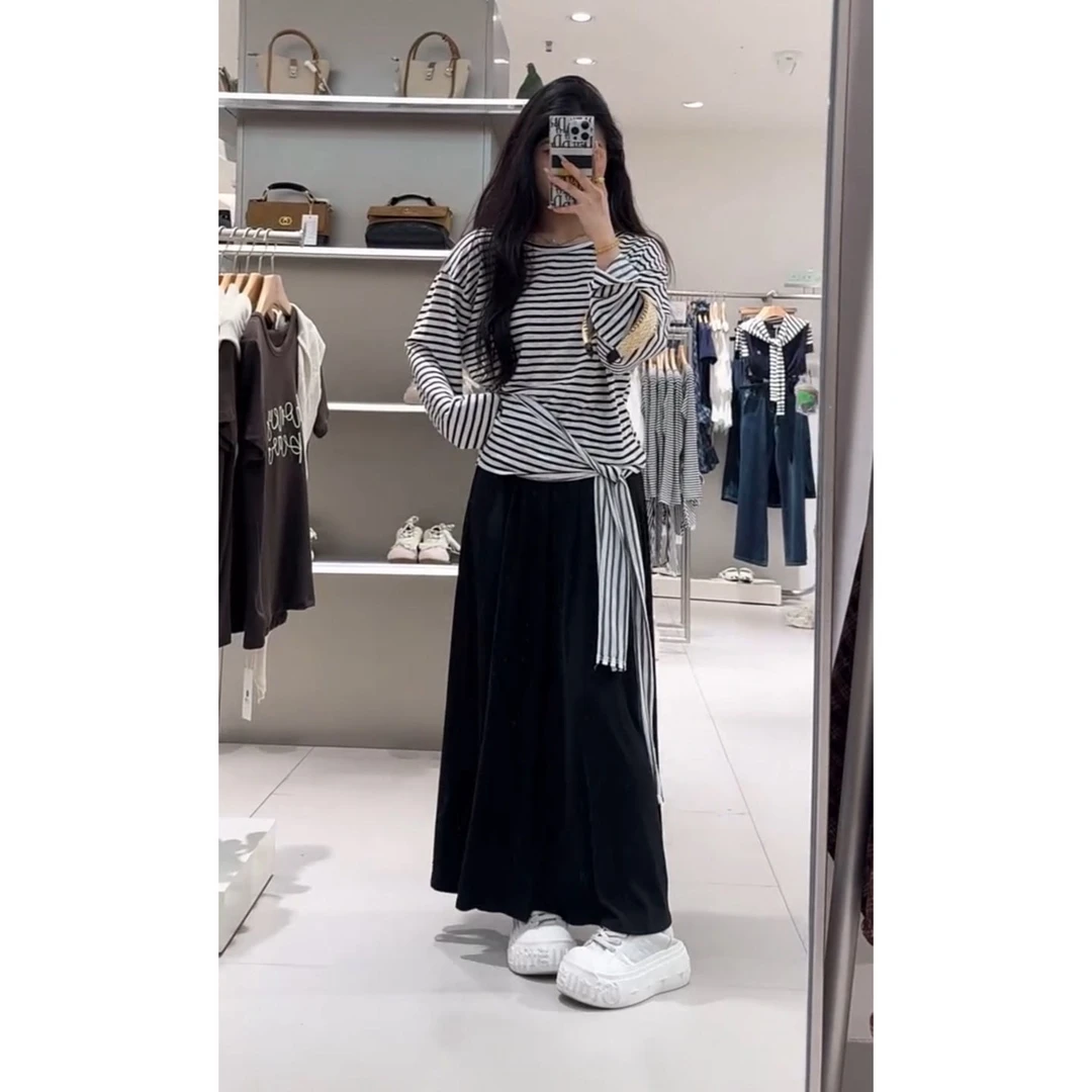 YOO[慵懒风]法式通勤条纹绑带交叉半身裙两件套218一